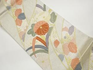 唐織曲線に菊桐・葉模様織出し袋帯